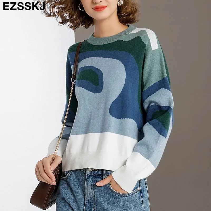 EZSSKJ Color Block Drop Shoulder Pullover Croped Pullover Pullover lose Pullover Pullover Langarm