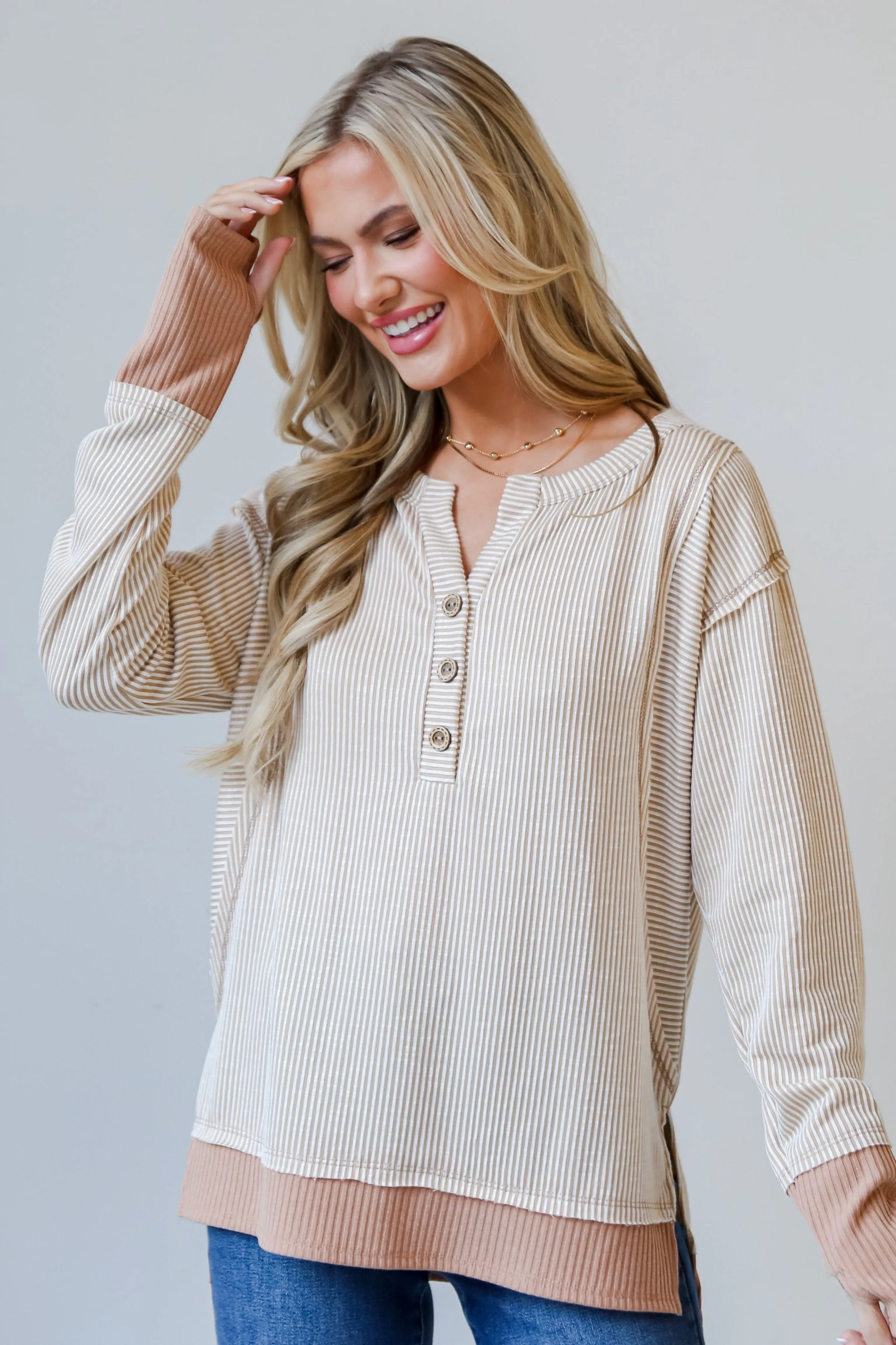 FINAL SALE - Easy Essential Taupe Striped Ribbed Knit Top