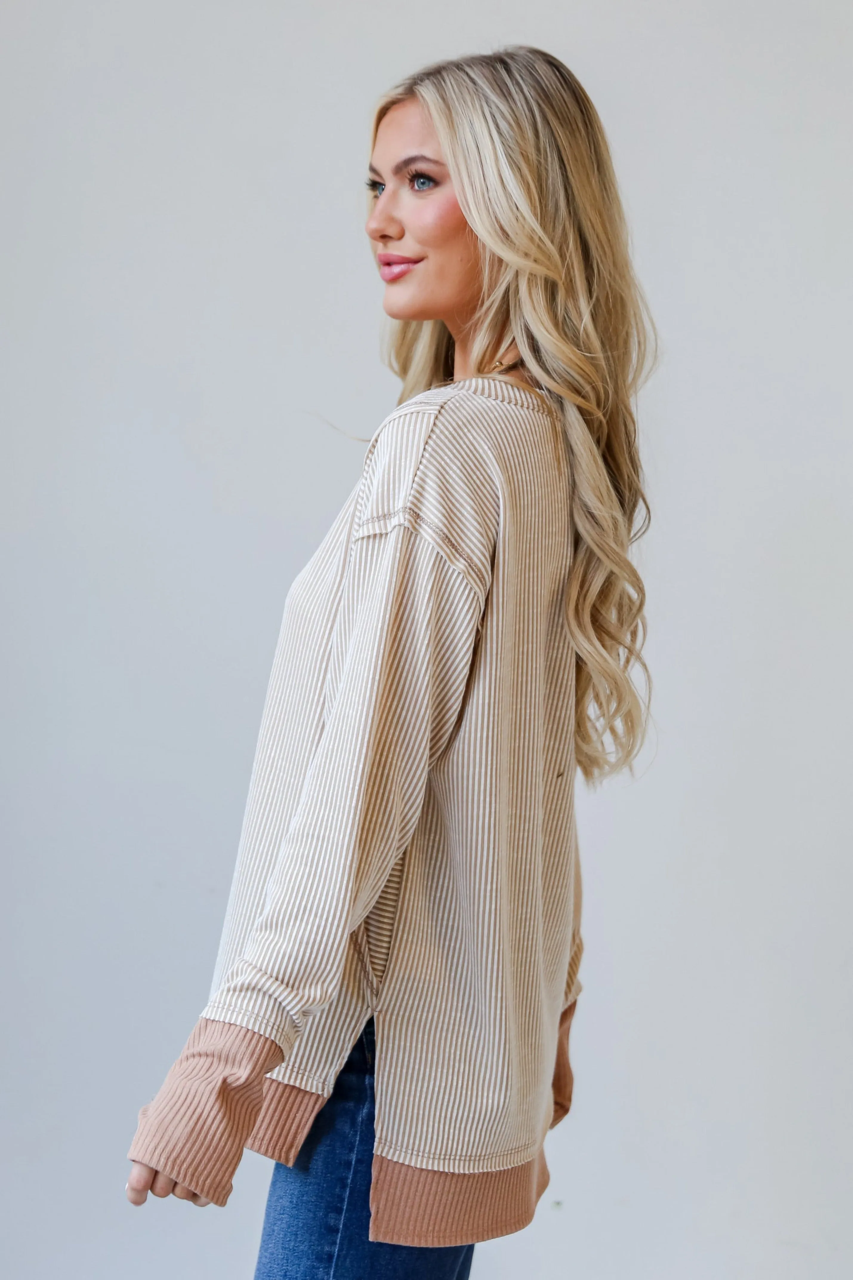FINAL SALE - Easy Essential Taupe Striped Ribbed Knit Top