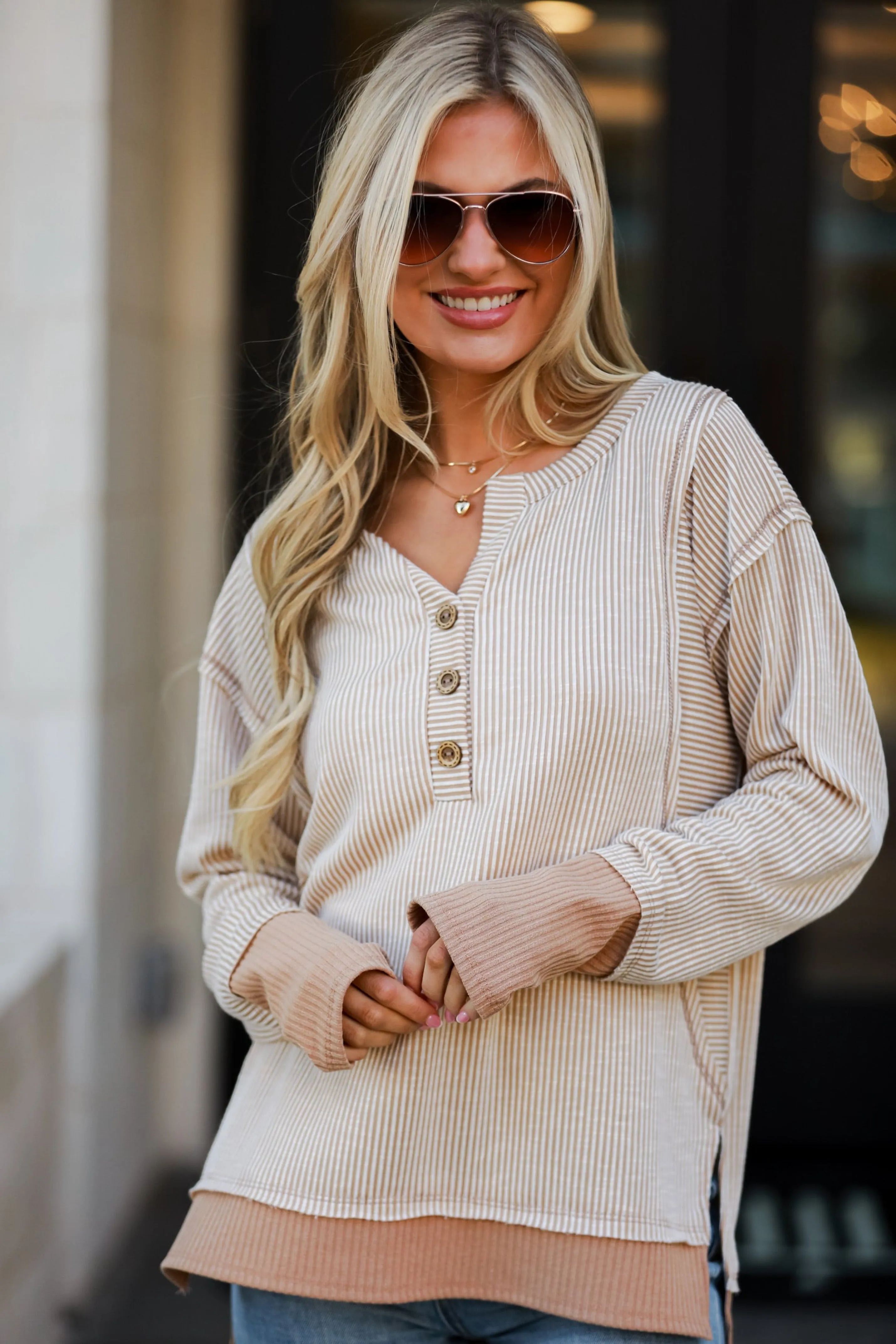 FINAL SALE - Easy Essential Taupe Striped Ribbed Knit Top