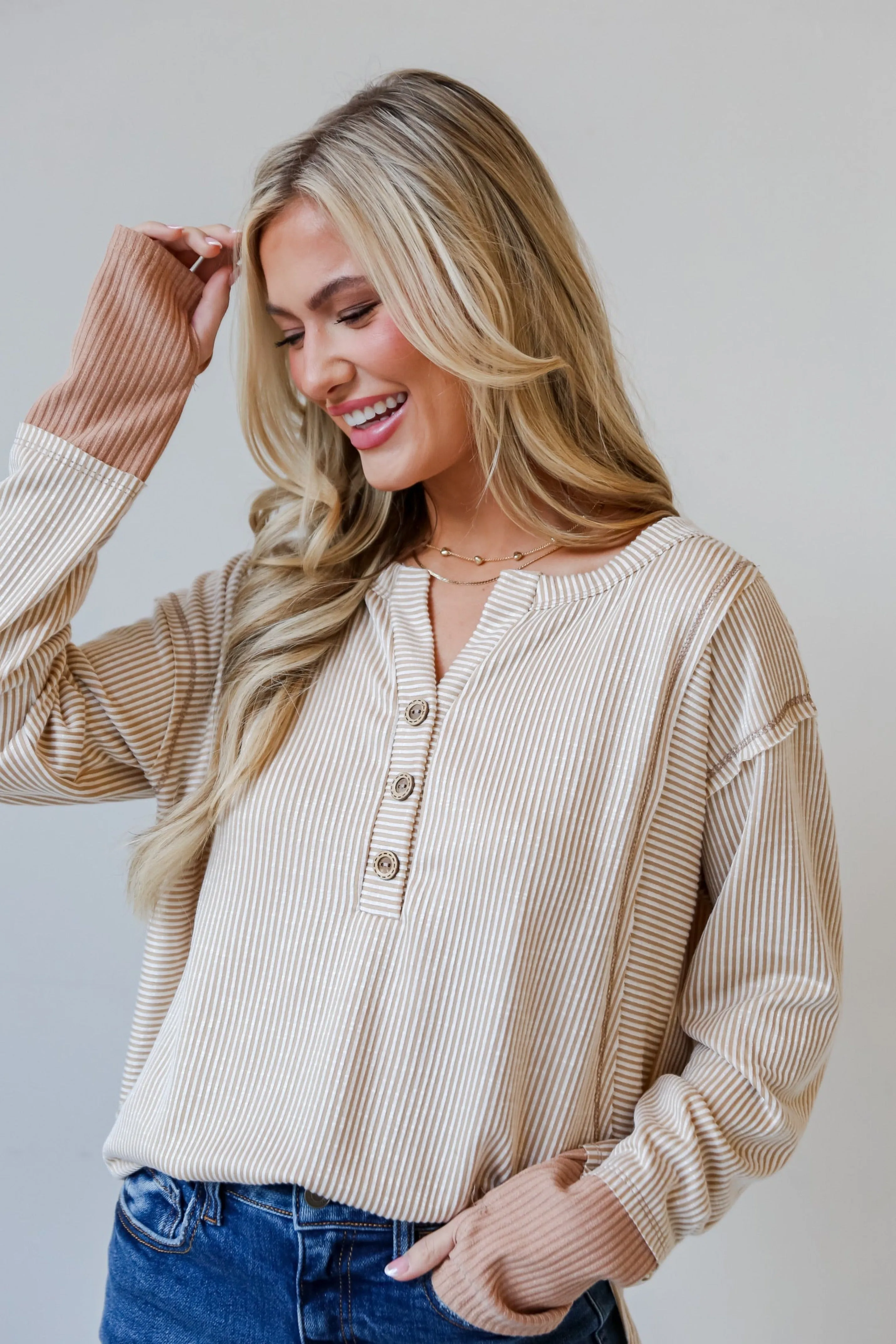FINAL SALE - Easy Essential Taupe Striped Ribbed Knit Top