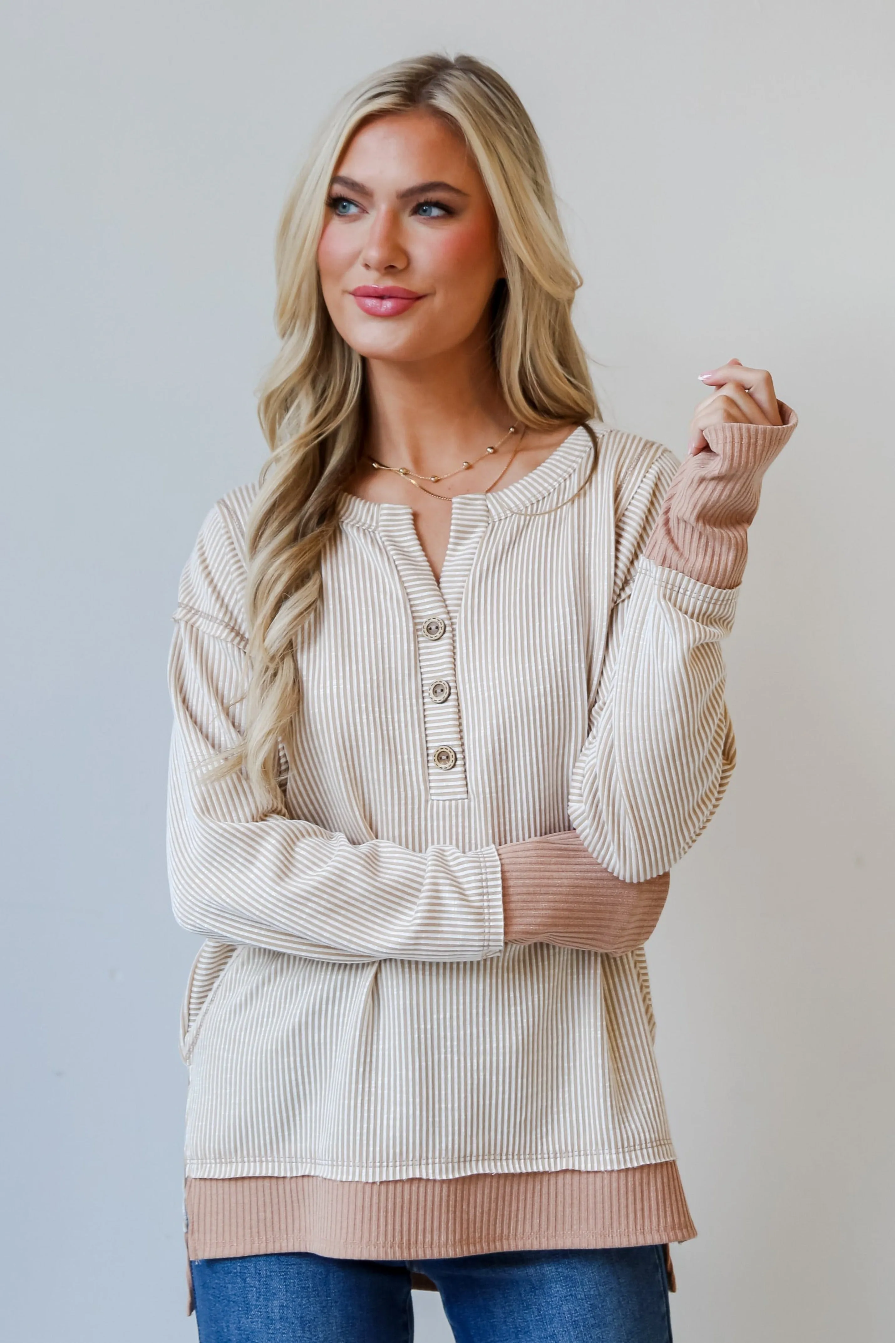 FINAL SALE - Easy Essential Taupe Striped Ribbed Knit Top