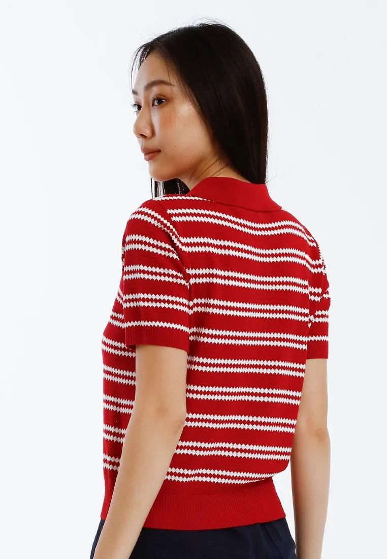 Forest Ladies Polo Knit Top Women Short Sleeve Pointelle Knit Top - 822493