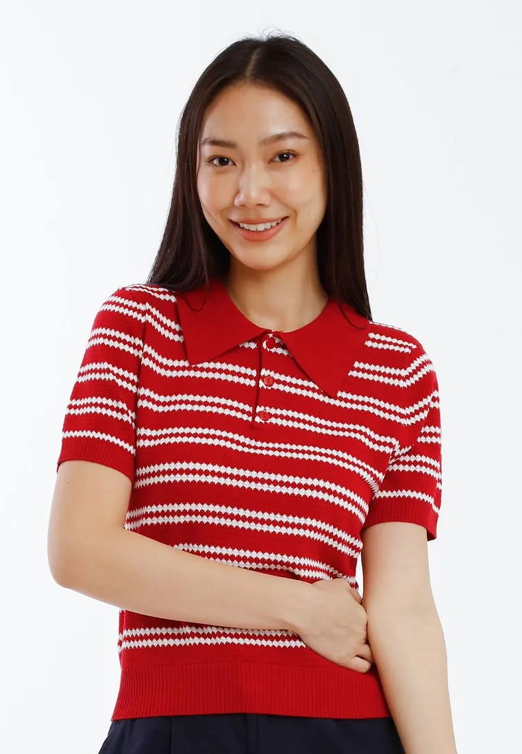 Forest Ladies Polo Knit Top Women Short Sleeve Pointelle Knit Top - 822493