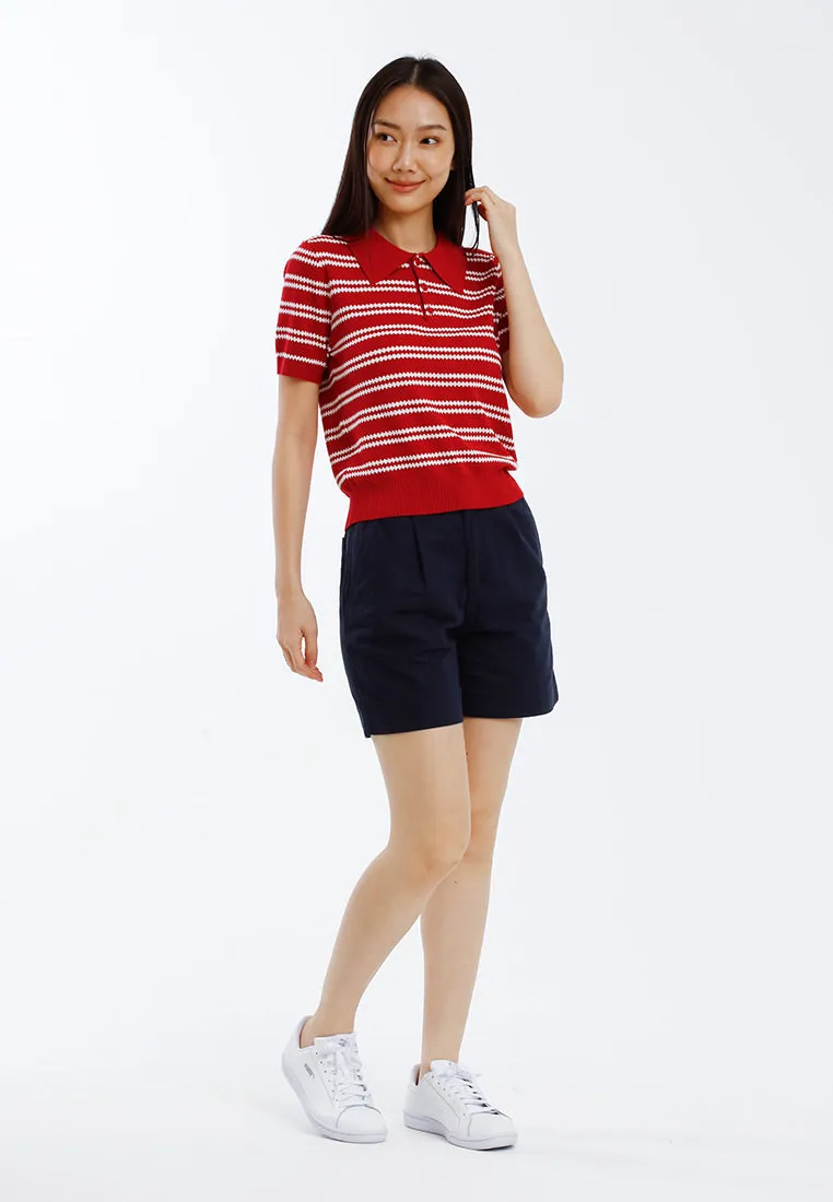 Forest Ladies Polo Knit Top Women Short Sleeve Pointelle Knit Top - 822493