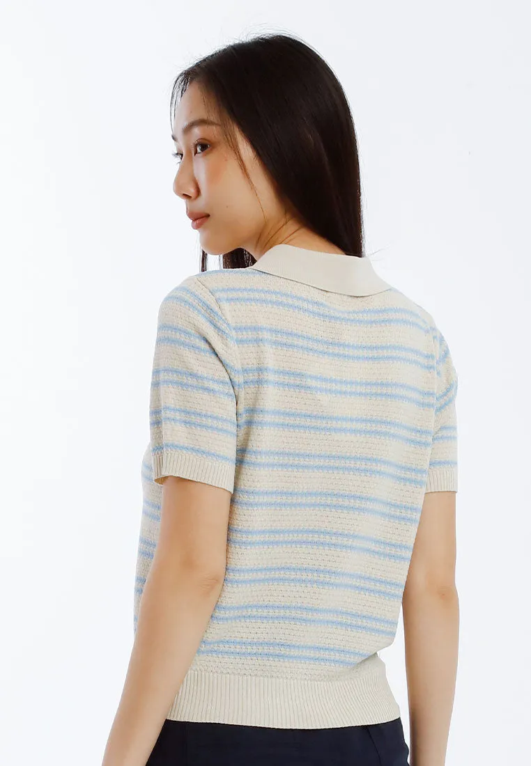 Forest Ladies Polo Knit Top Women Short Sleeve Pointelle Knit Top - 822493