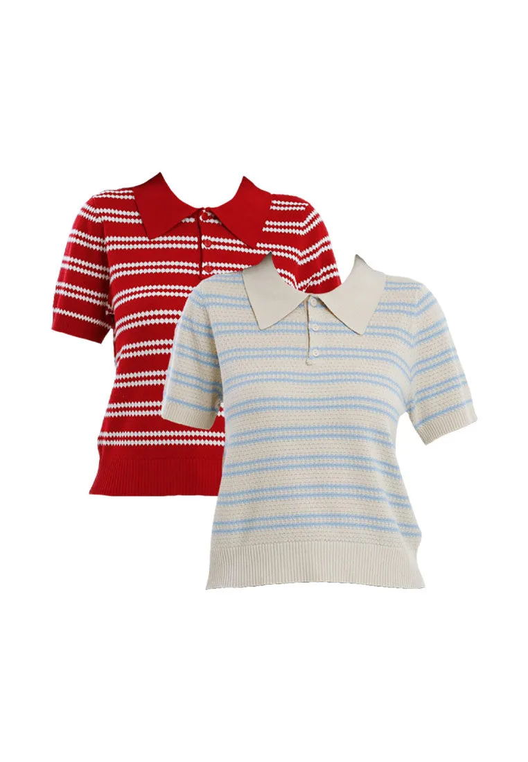 Forest Ladies Polo Knit Top Women Short Sleeve Pointelle Knit Top - 822493