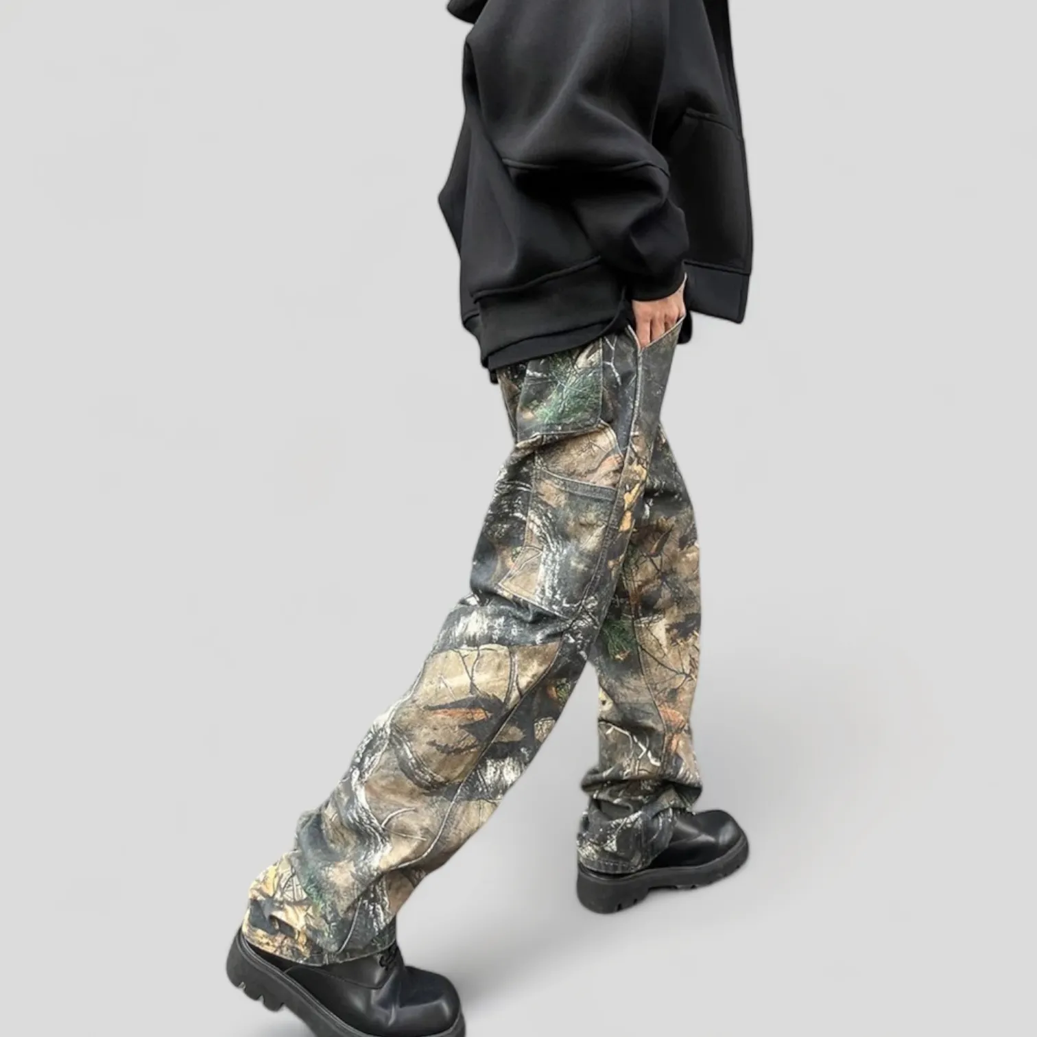Forest tree camouflage print carpenter jean