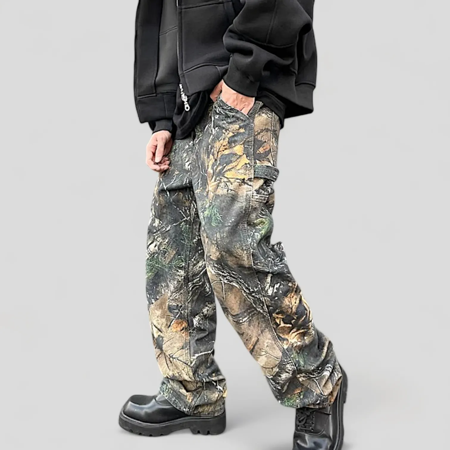 Forest tree camouflage print carpenter jean