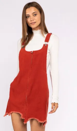 Frayed Corduroy Overall Dress - Burnt Orange
