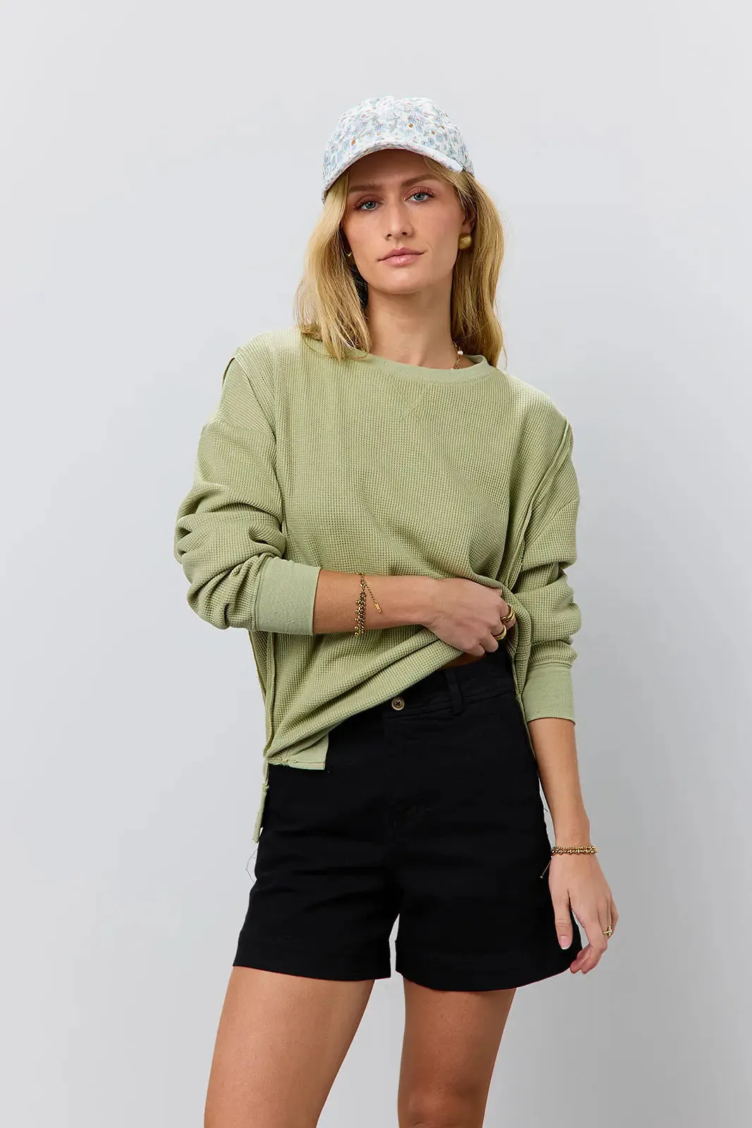 Georgia Waffle Knit Top in Olive - FINAL SALE