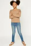 Girls Pleated Puff Shoulder Knit Top