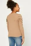 Girls Pleated Puff Shoulder Knit Top