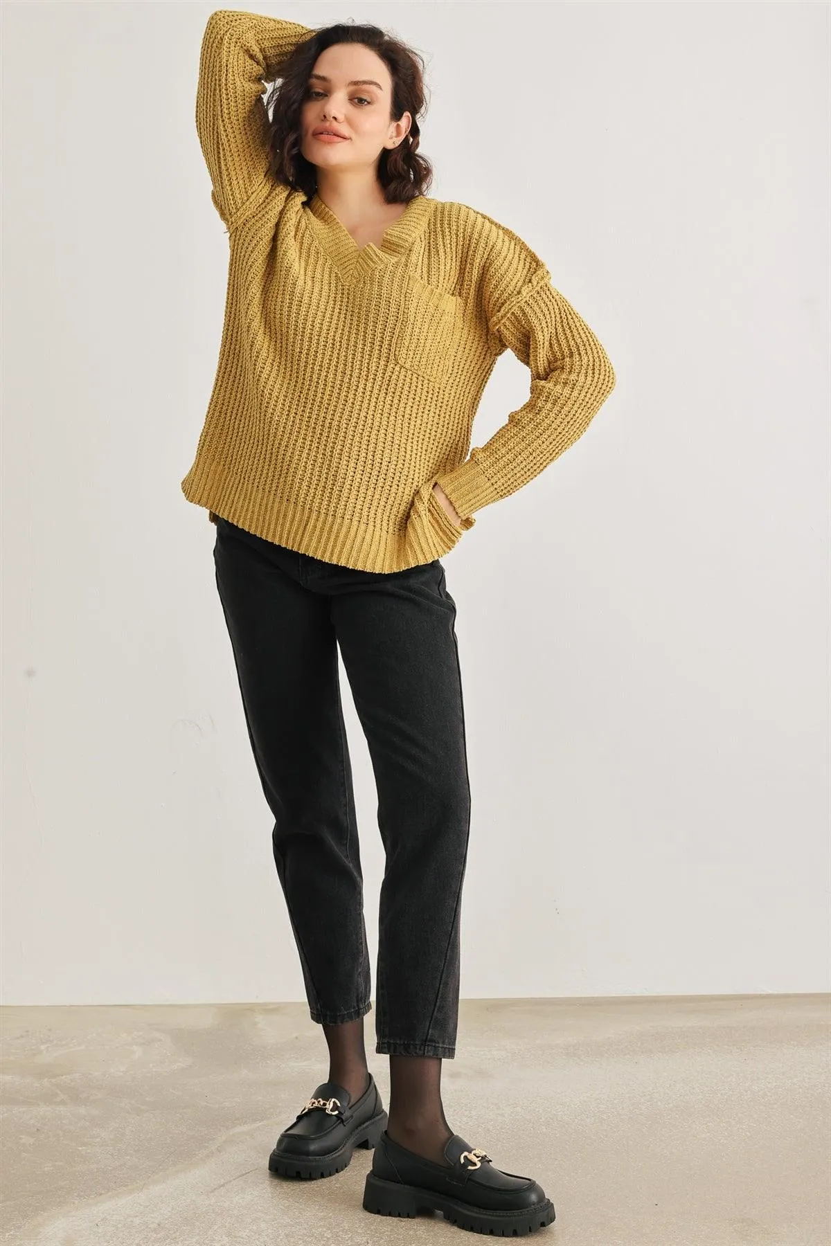 Gold One Pocket Long Sleeve V-Neck Sweater