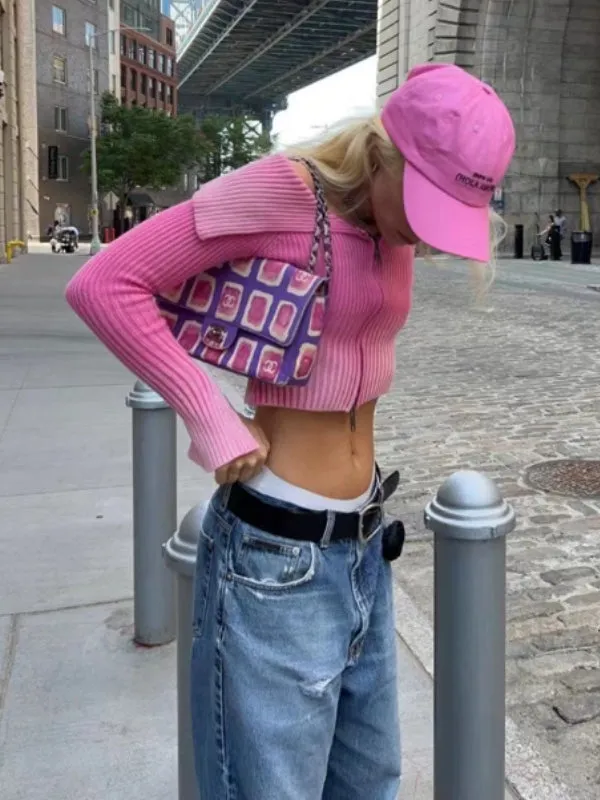 Gradient Zipper Open Shoulder Knitted Top