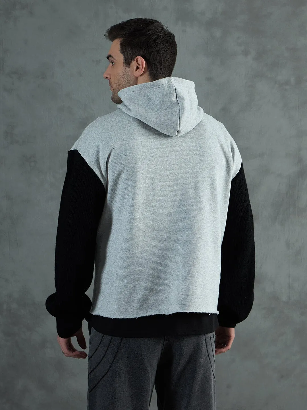 Grey Cropped Hoodie With Contrast Sleeves