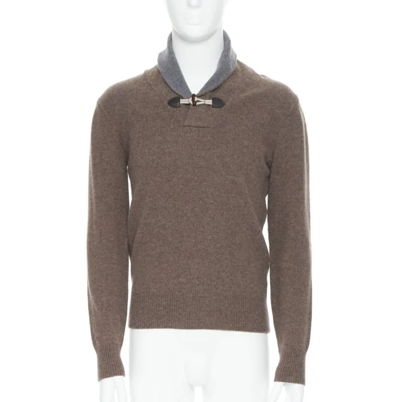 HACKETT Merino Cashmere brown grey shawl collar toggle pullover sweater XS