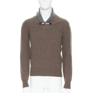 HACKETT Merino Cashmere brown grey shawl collar toggle pullover sweater XS