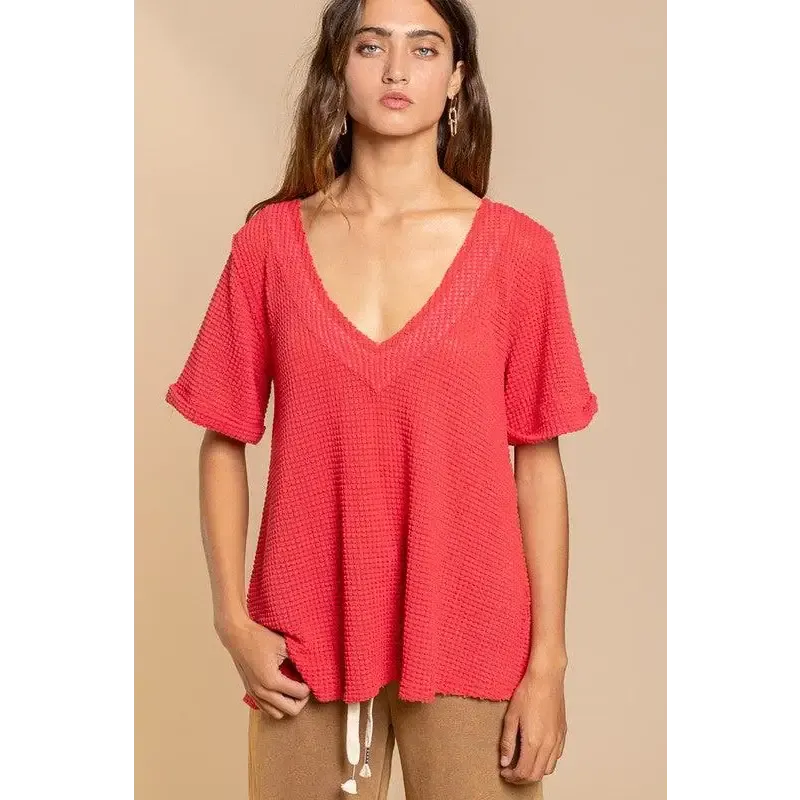 Half Sleeve V-neck Waffle Knit Top