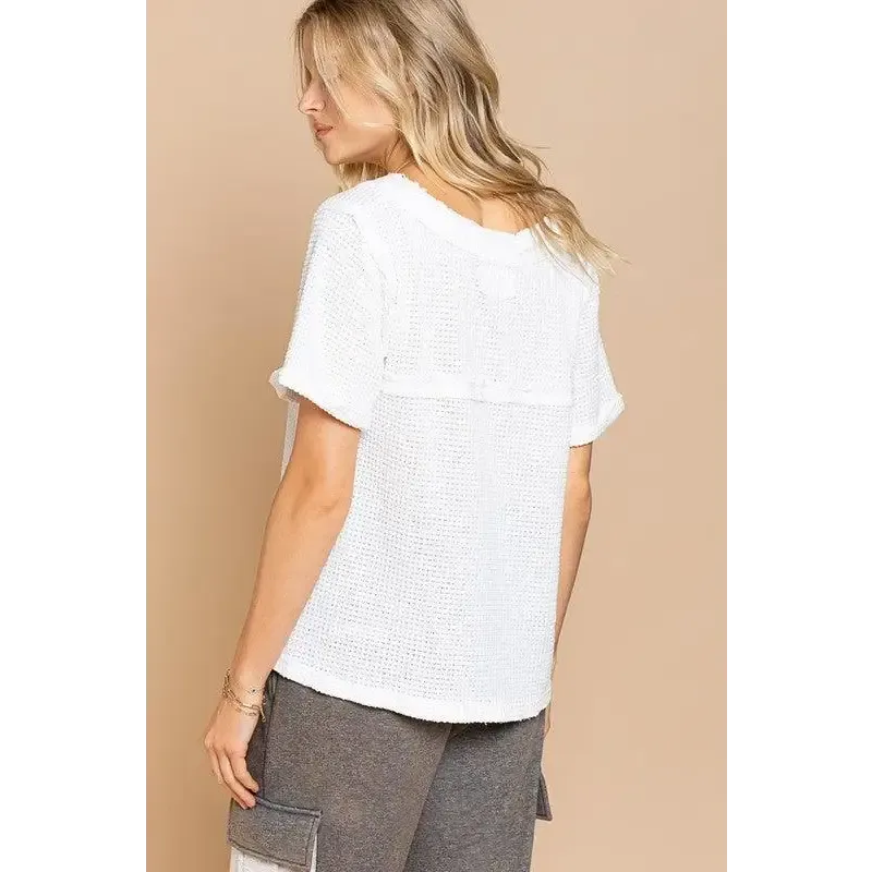 Half Sleeve V-neck Waffle Knit Top