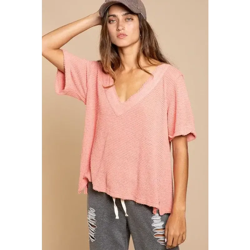 Half Sleeve V-neck Waffle Knit Top