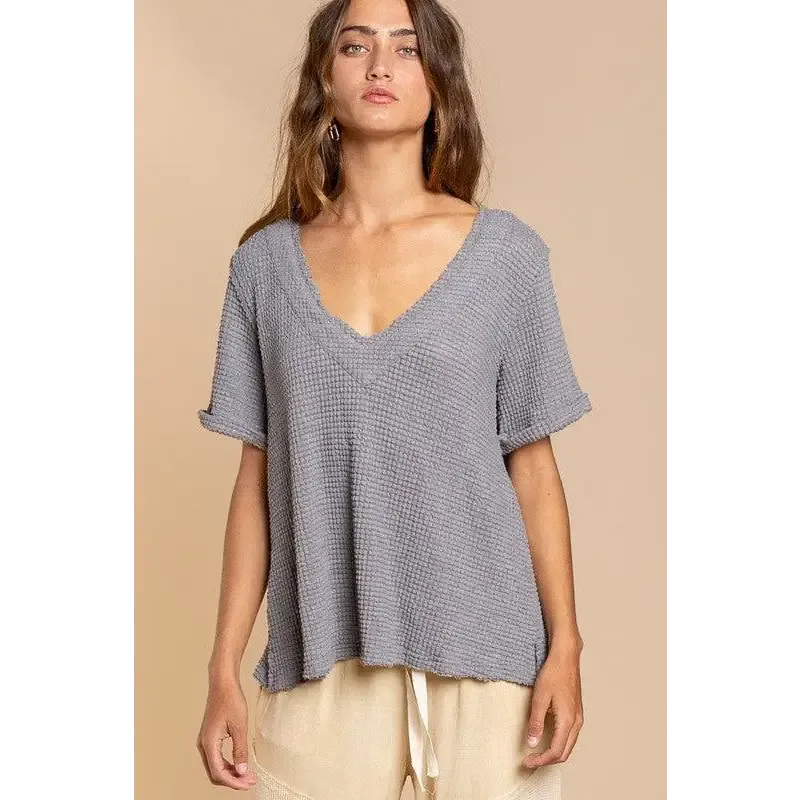 Half Sleeve V-neck Waffle Knit Top
