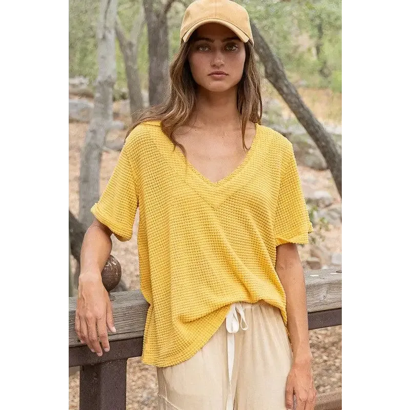 Half Sleeve V-neck Waffle Knit Top