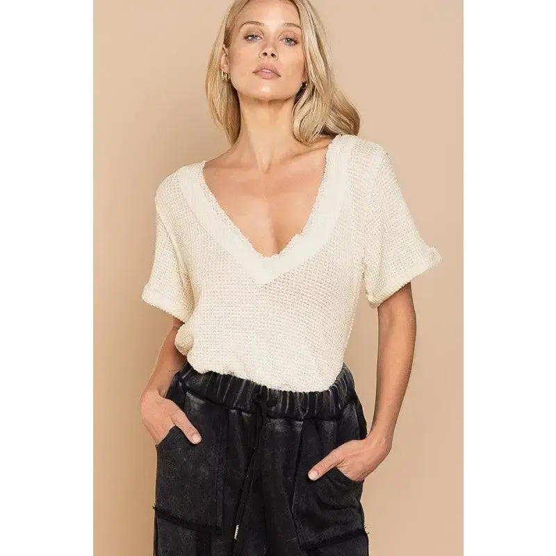Half Sleeve V-neck Waffle Knit Top