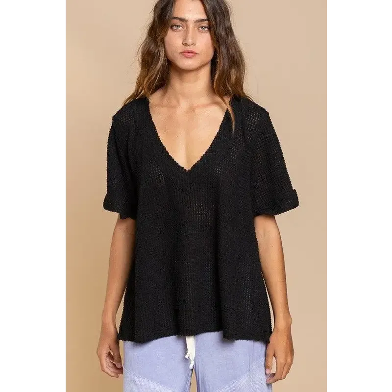 Half Sleeve V-neck Waffle Knit Top