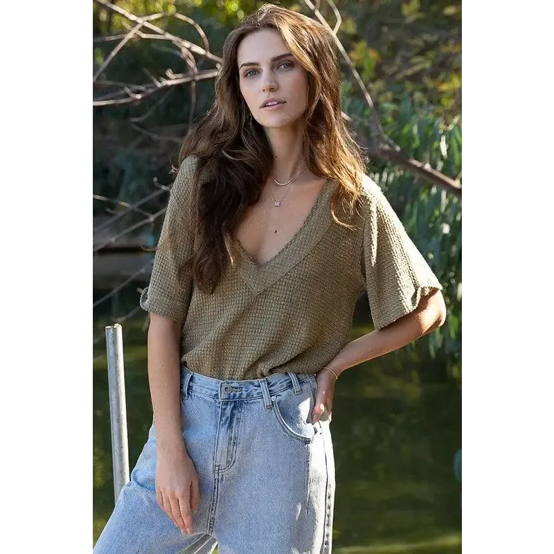 Half Sleeve V-neck Waffle Knit Top