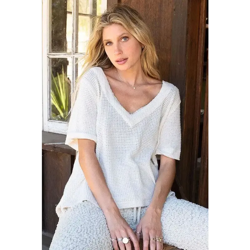 Half Sleeve V-neck Waffle Knit Top