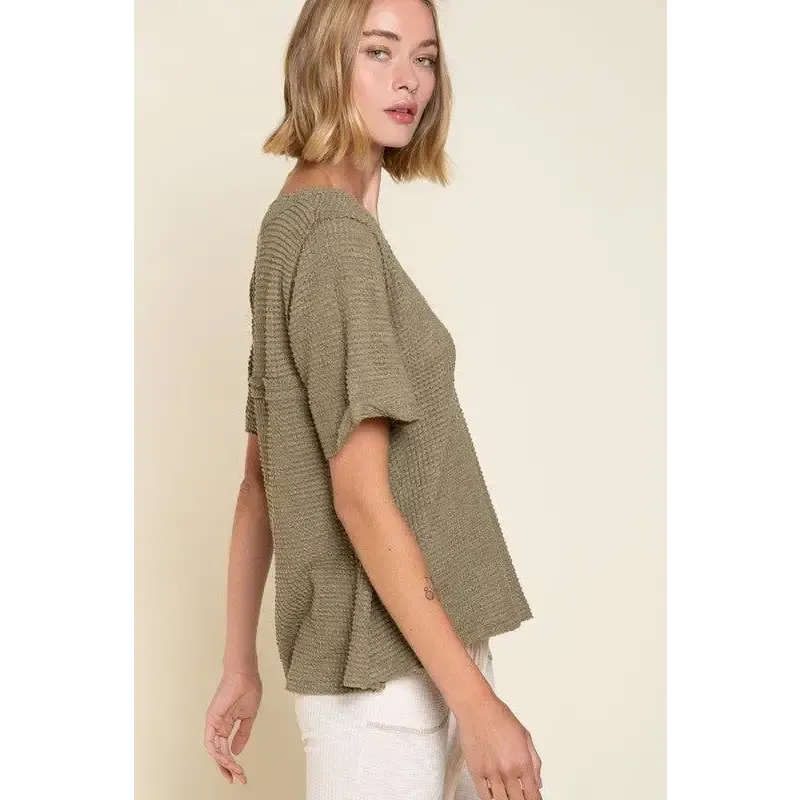 Half Sleeve V-neck Waffle Knit Top