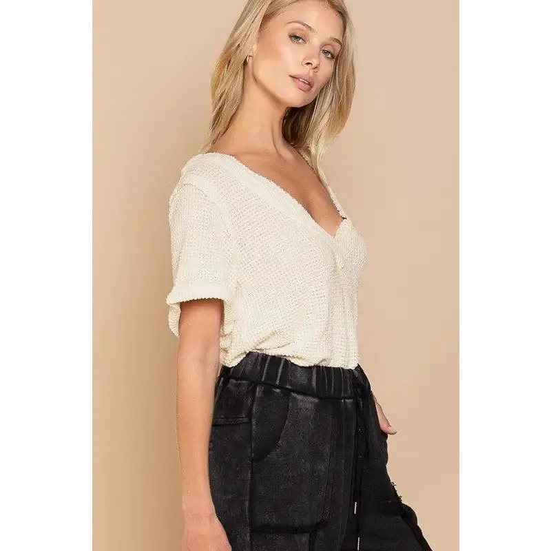 Half Sleeve V-neck Waffle Knit Top