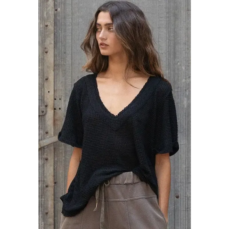 Half Sleeve V-neck Waffle Knit Top