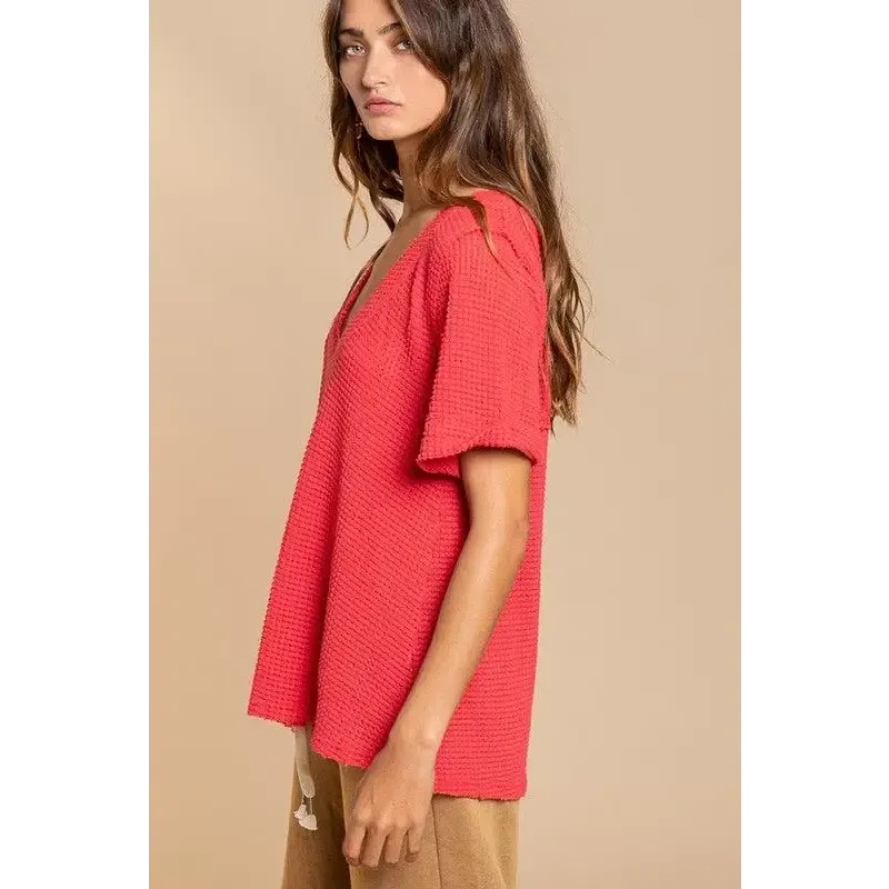 Half Sleeve V-neck Waffle Knit Top