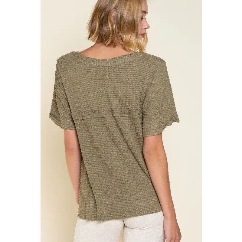 Half Sleeve V-neck Waffle Knit Top