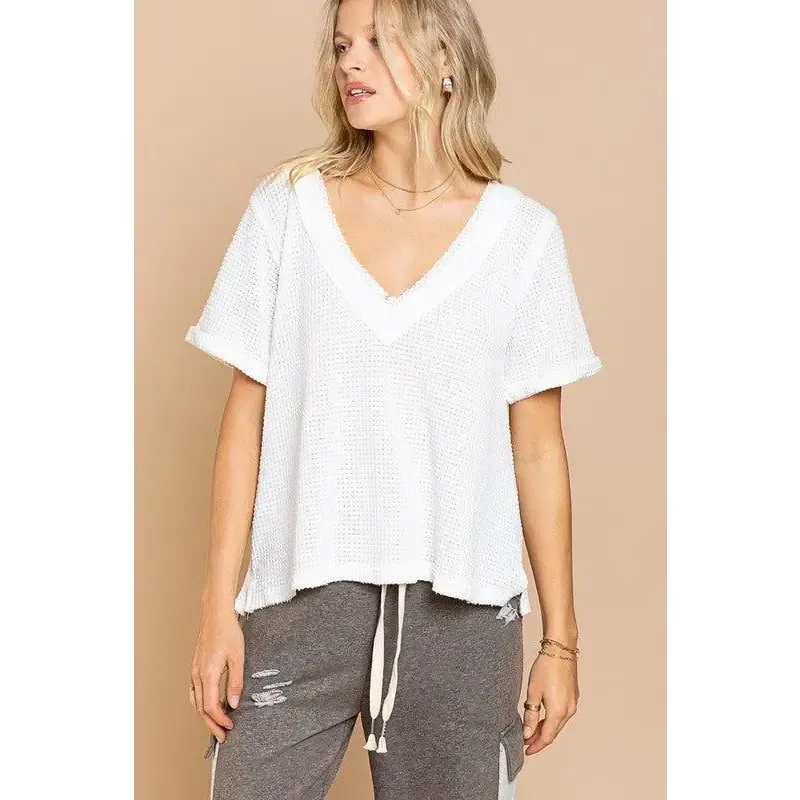 Half Sleeve V-neck Waffle Knit Top