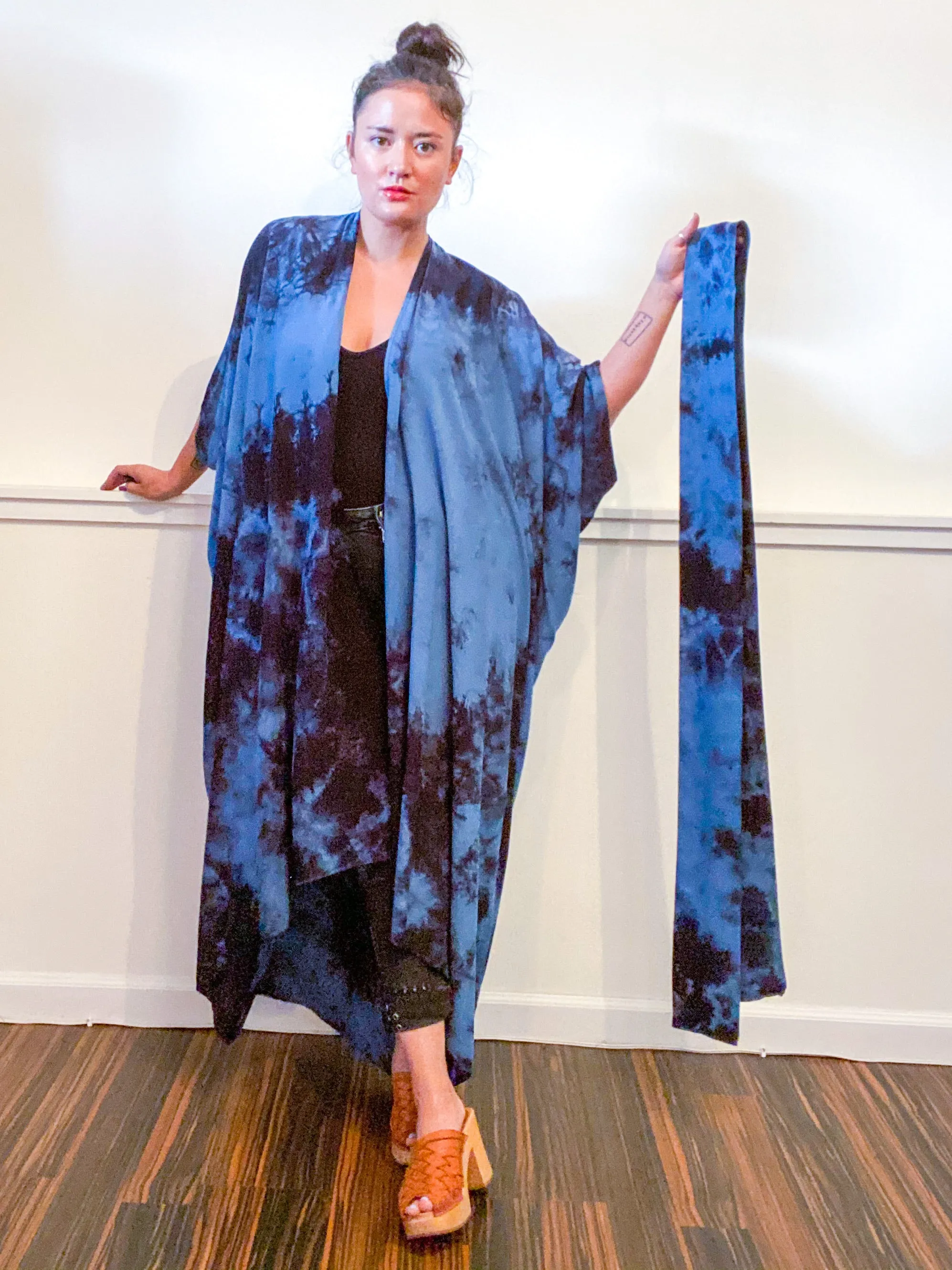 Hand-Dyed High Low Kimono Classic Blue Black Overdye