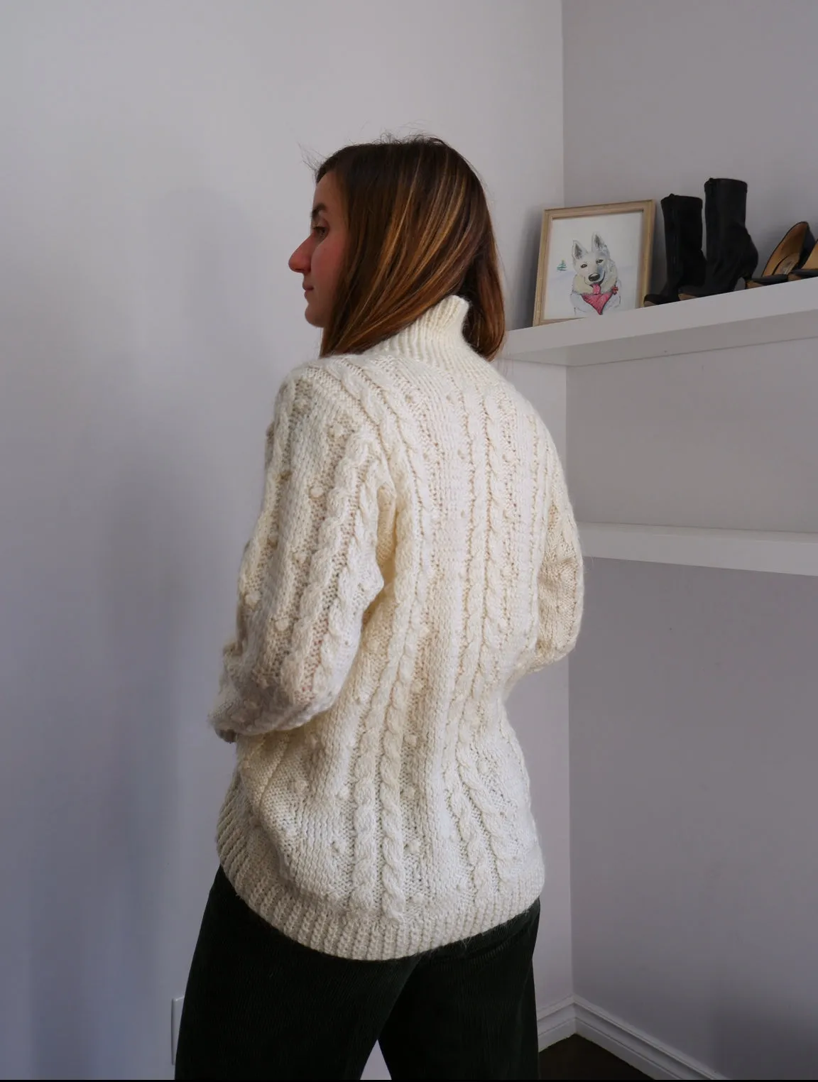 Handmade Cream Loose-Knit Turtleneck - M