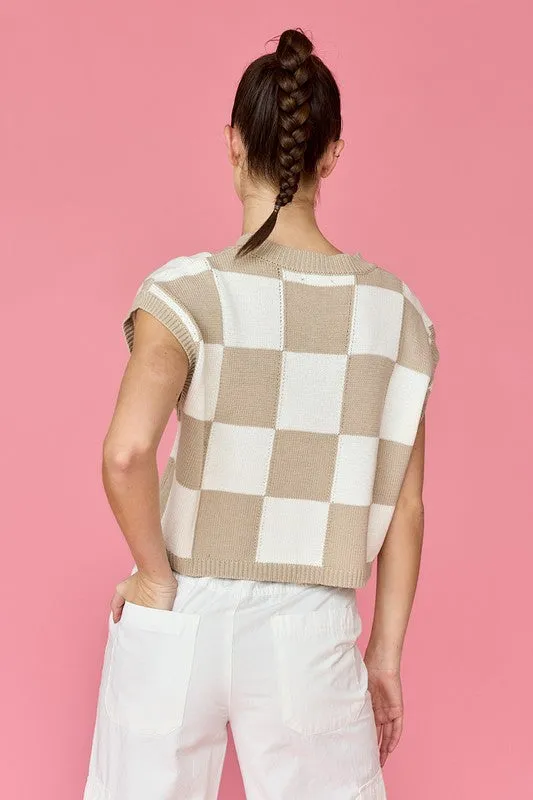 Hannah Loose Fit Checker Knit Top Taupe