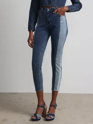 High-Waisted Colorblock Super-Skinny Ankle Jeans - Medium Wash