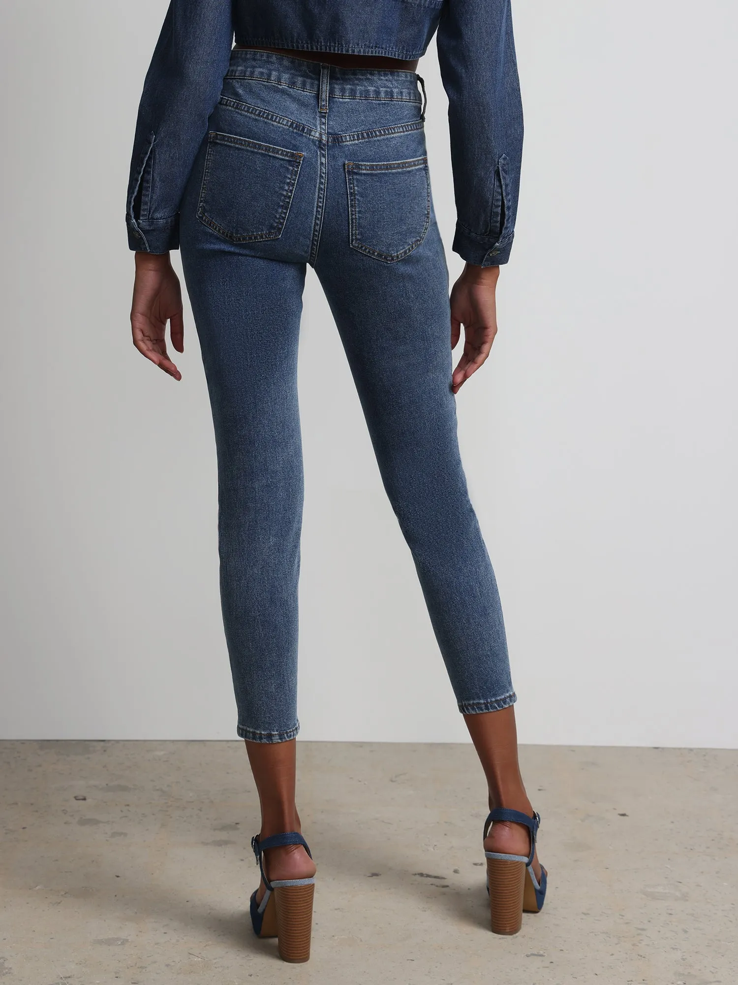 High-Waisted Colorblock Super-Skinny Ankle Jeans - Medium Wash