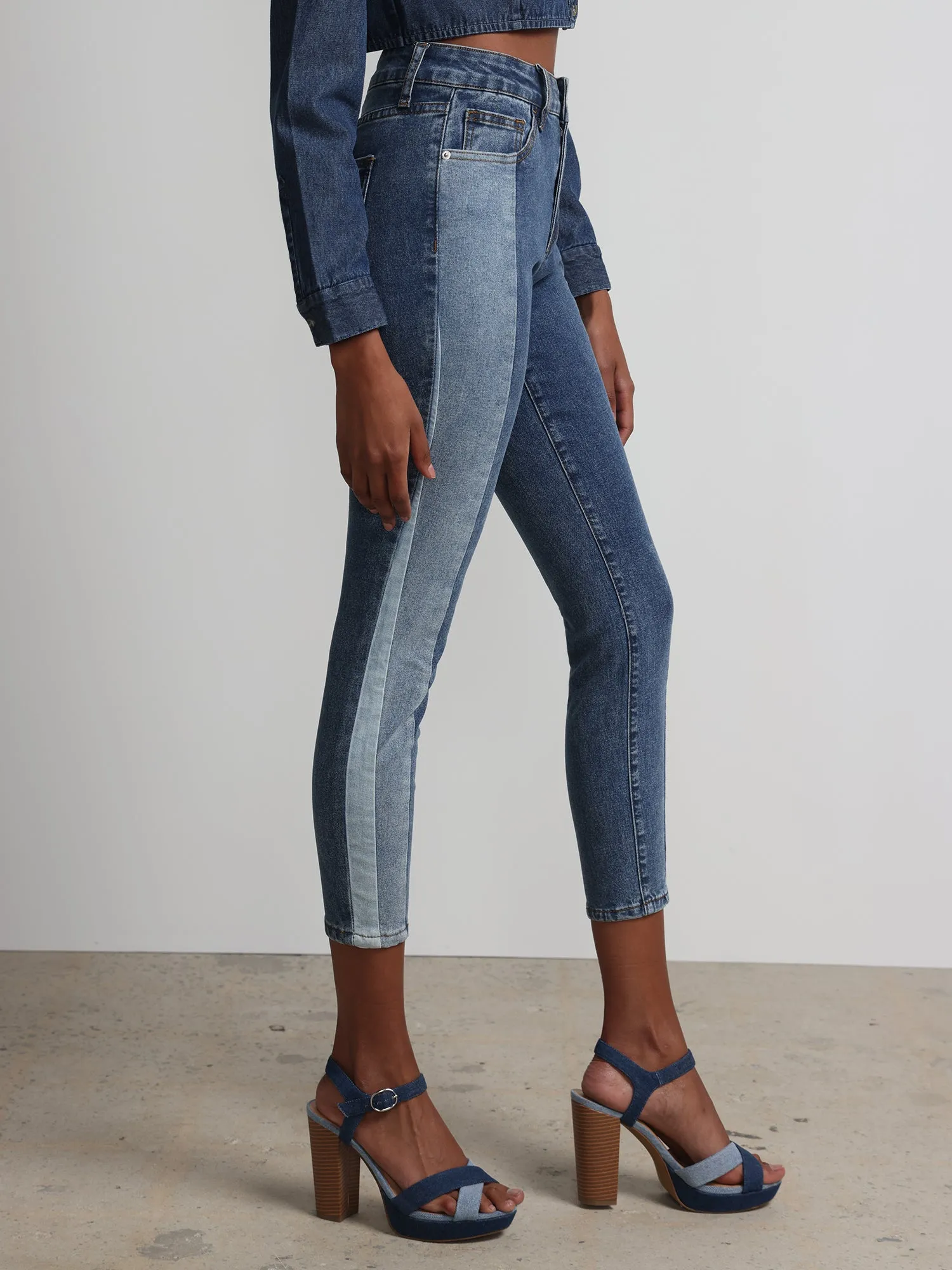 High-Waisted Colorblock Super-Skinny Ankle Jeans - Medium Wash