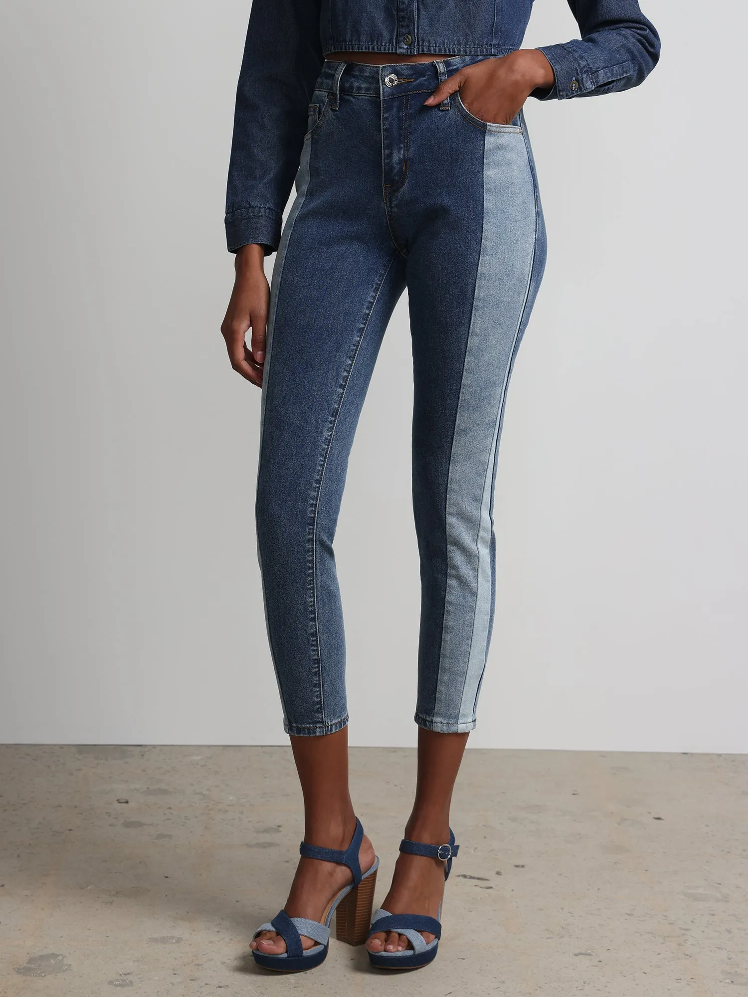 High-Waisted Colorblock Super-Skinny Ankle Jeans - Medium Wash