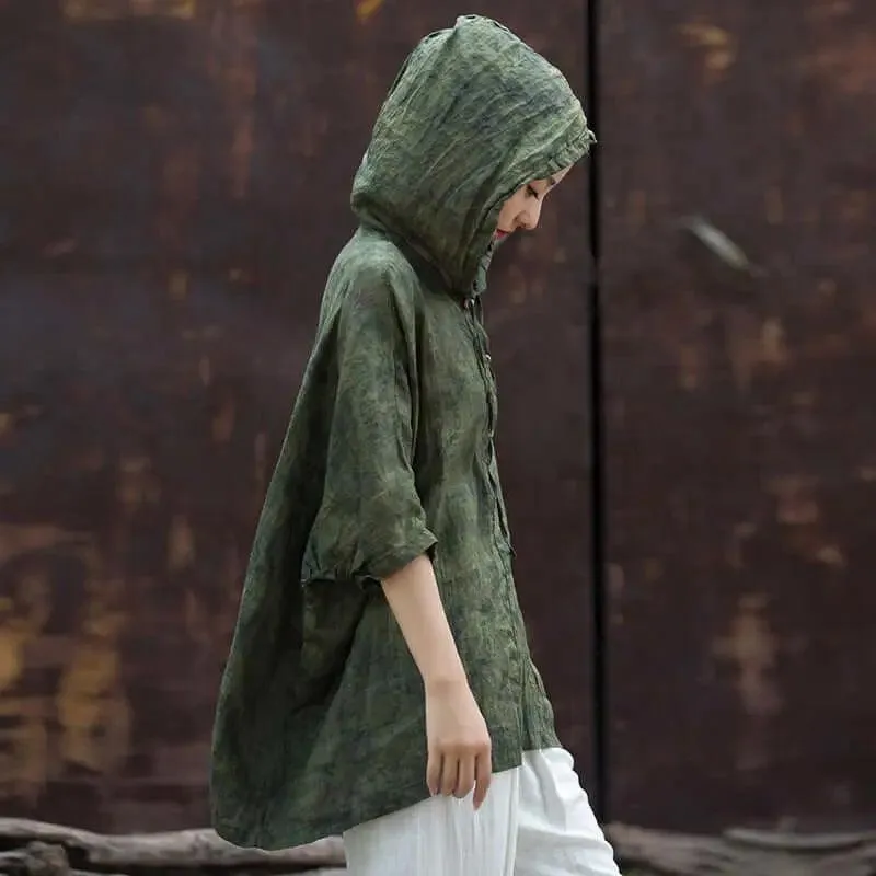 Hooded Vintage Green Linen and Ramie Sun Shirt for Women