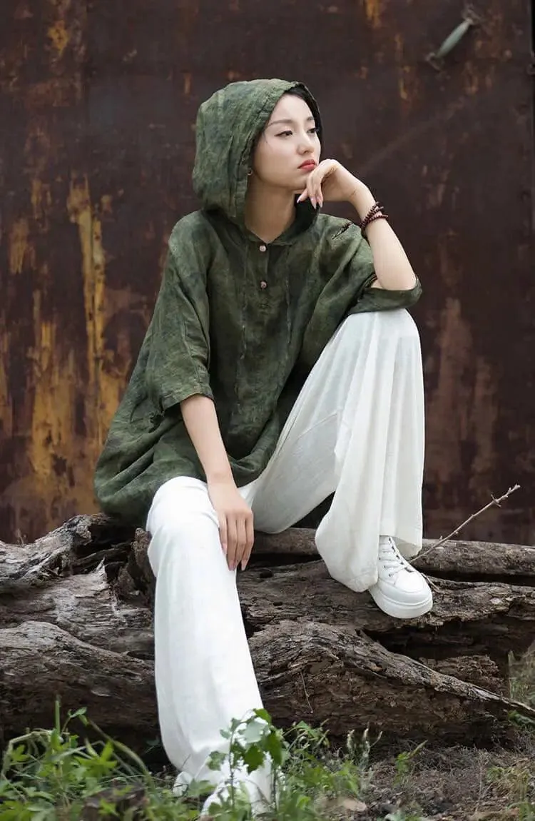 Hooded Vintage Green Linen and Ramie Sun Shirt for Women