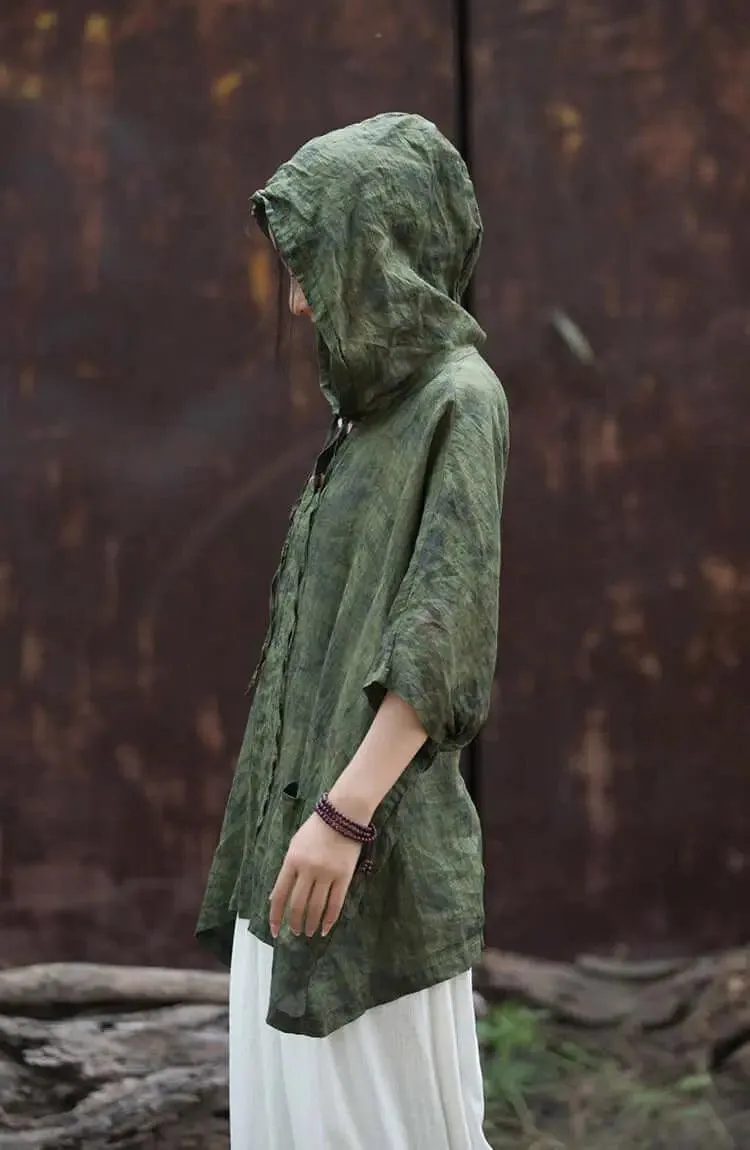 Hooded Vintage Green Linen and Ramie Sun Shirt for Women