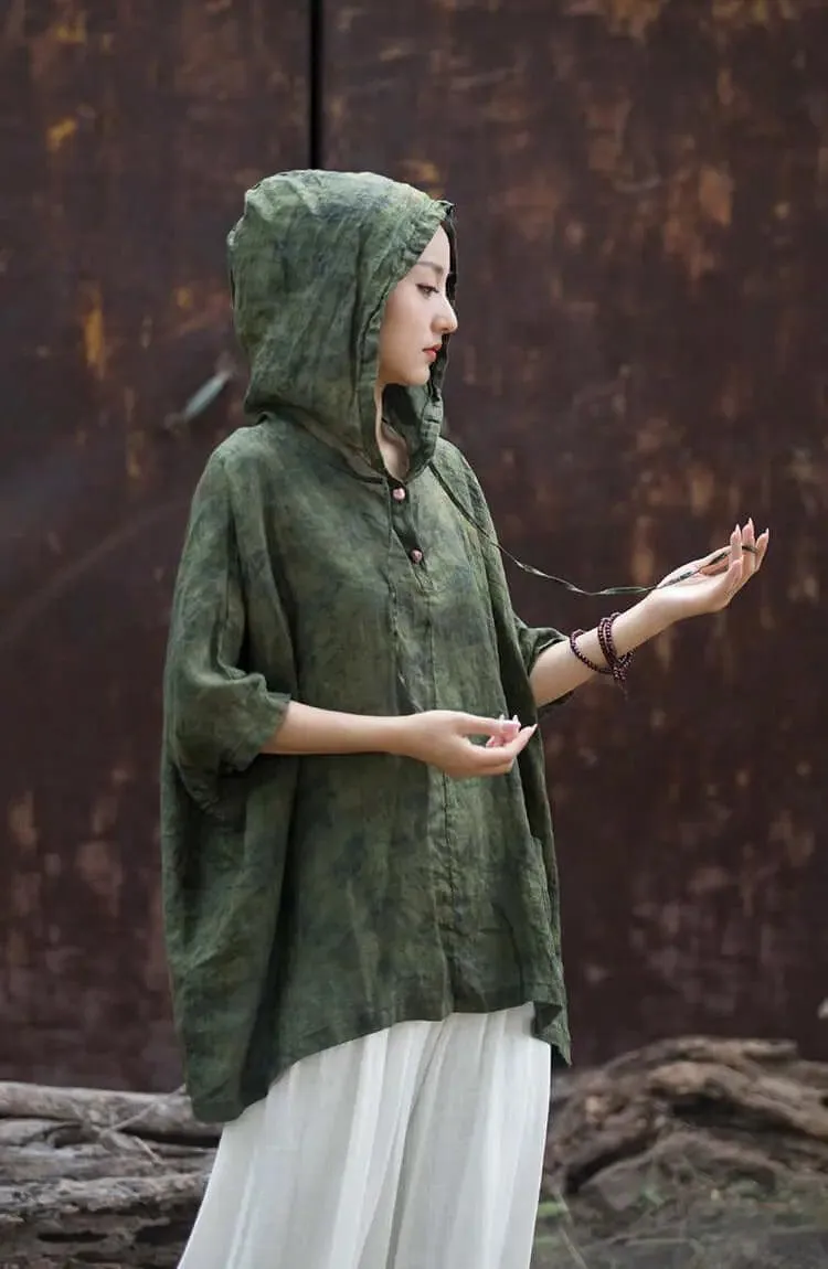 Hooded Vintage Green Linen and Ramie Sun Shirt for Women