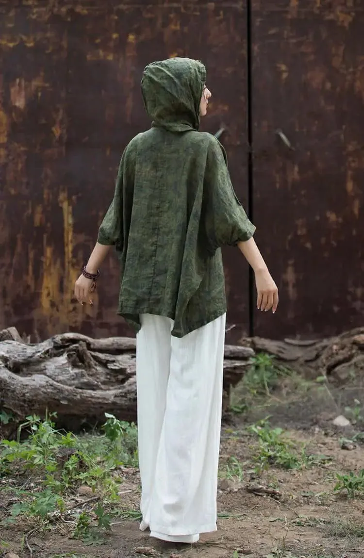 Hooded Vintage Green Linen and Ramie Sun Shirt for Women