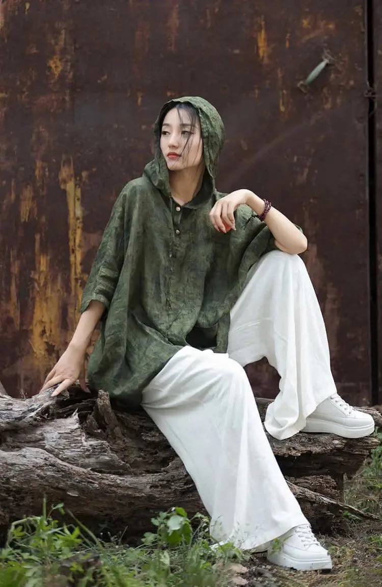 Hooded Vintage Green Linen and Ramie Sun Shirt for Women